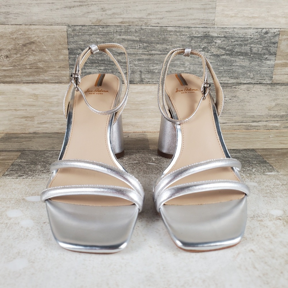Sam Edelman Kia Womens Sandal Sz 8.5 W Silver Leather Ankle Strap Block Heel - Picture 2 of 10